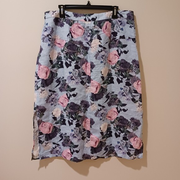Nicholas Blue Garden Floral Button Front Linen Midi Skirt Size 14 - Picture 8 of 11